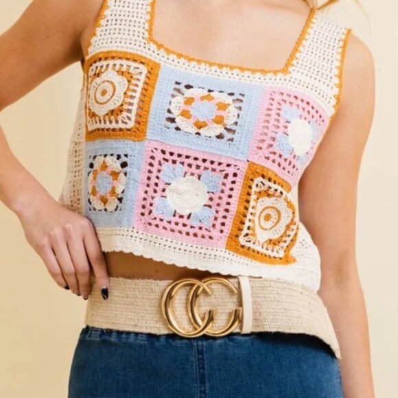 Granny Square Crochet Floral Crop Top - Picture 1 of 3